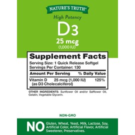 Nature's Truth Vitamin D3 1000 IU | 130 Softgels | High Potency D | Non-GMO, Gluten Free, Soy Free