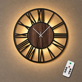 Jassurance Large Lighted Wood Wall Clock Remote Control, Roman Numeral Modern Decorative Clock with Silent Movement, Battery Operated Clocks for Living Room Decor