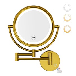 GURUN Wall Mounted Hardwired Makeup Mirror with 3 Tones Dimmable LED Lights 10x Magnifying Mirror with Touch Control for Bathroom Bedroom 13" Extendable Arm M1809DB-GJ Retro Gold