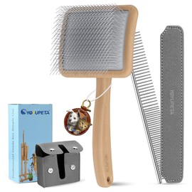 YOYUPETA Large Dog Slicker Brush & Comb Set with Leather Sleeves - Long Pin Deshedding Brush for Golden Retrievers, Poodles, Doodles & Thick Coats, Wood Handle Pet Grooming Kit for Dogs, Cats. Natural