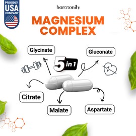 HARMONIFY Magnesium Glycinate Citrate Malate Aspartate Gluconate, 5 in 1 Formula, 120 Purified Veggie Capsule, 1000 mg, Gluten Free, Non-GMO, 60 Days Serving