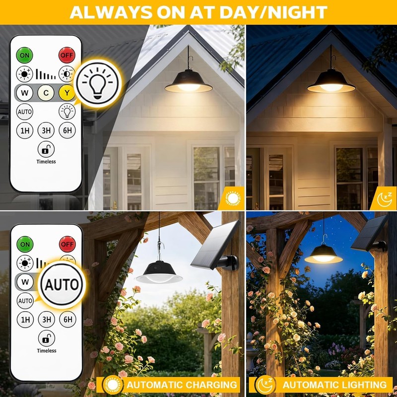 A.bigwhale Solar Shed Pendant Light, Outdoor Solar Lamp with Remote