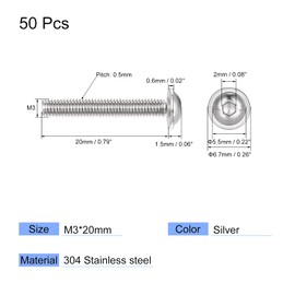 sourcing map Flanged Button Head Socket Cap Screws, M3*20mm Hex Socket Drive Screw, 304 Stainless Steel Fasteners Bolts, Fully Threaded Machine Screw 50Pcs
