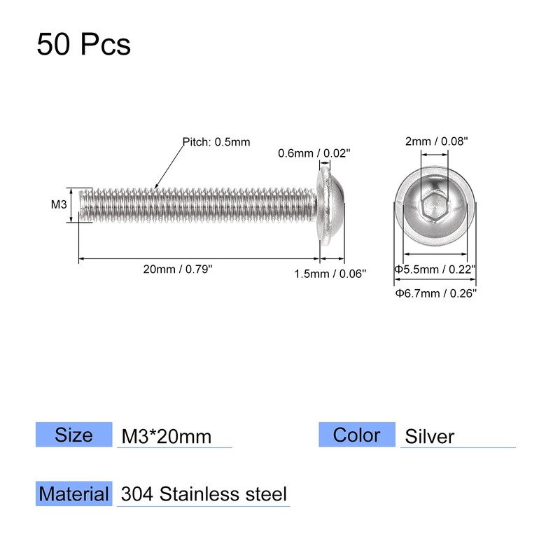 sourcing map Flanged Button Head Socket Cap Screws, M3*20mm Hex