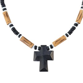 BlueRica Wood Cross Pendant on Coconut Beads and Puka Shell Accents Necklace (Black)