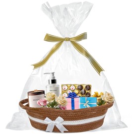 YELLOW LOTUS Small Gift Basket Empty to Fill - 12" Boho Baskets for Gifts Empty, Baby Gift Baskets for Baby Shower, Nursery Toy Storage with Handles, Gift Basket for Graduation Birthday, Brown