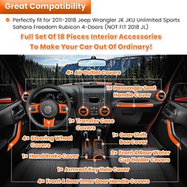 E-cowlboy 18 PCS Full Set Interior Decoration Trim Kit Steering Wheel Center Console Door Handle Air Conditioning Vent Cup Holder Gear Cover Trim for Jeep Wrangler JK JKU 2011-2018 4-Door (Orange)