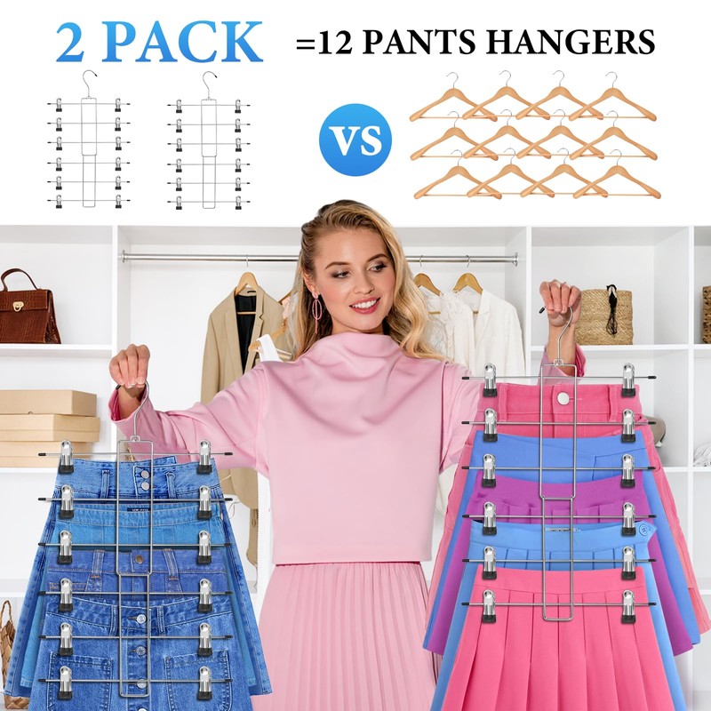 2 Pack Foldable 6-Layer Trouser Hangers Space Saving Metal Hangers