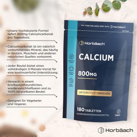 Calcium High Dose Tablets 800 mg | Made of Calcium Carbonate per Daily Dose | 180 Vegan Pieces | Calcium Tablets | Horbaach