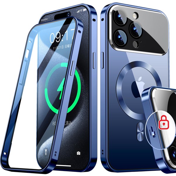 Rosycover いPhone 15 Pro Max 用 ケース Mag-safe対応 [新次元の一体型レンズ・メカニカルロック] [360°全面保護・両面強化ガラス][本体の色・CD