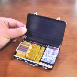 EKKZ 1:6 Scale Miniature Black Briefcase Set with Fake Gold Bars, Mini Dollar Bill Bundles, Vintage Coins & Toy Weapons | Collectible Dollhouse Accessory, Photography Prop & Novelty Gift for Adults
