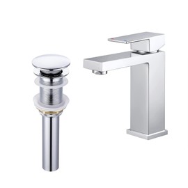 KES Bathroom Faucet Sink Faucet Brass Chrome Finish Bathroom Sink Drain Without Overflow, L3120ALF-CH-UPC+S2008D-CH-TEM