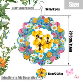 WindMage Honey Bee Wind Spinners for Yard and Garden,12 Inch 3D Stainless Steel Hanging Kinetic Yard Art Wind Sculpture, Kinetic Art Garden Decor for Christmas Outdoor & Indoor
