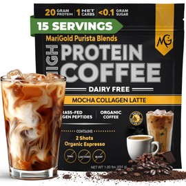 MariGold High Protein Collagen Coffee - Mocha Collagen Latte, Dairy Free, 20g Grass-Fed Type I & III Collagen Peptides, Energy Boost, 2 Shots Organic Espresso, Non-GMO, 1 Lb Bag, 15 Servings