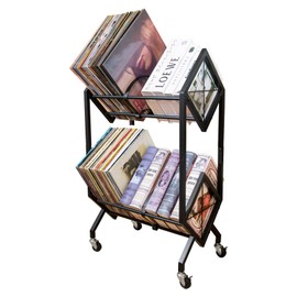 RANXFLOAT Vinyl Record Storage Rack, 2 Tier Record Organizer with wheels, 200 LP Albums Storage Rack Shelf, Metal Records Display Shelf Organizer for Magazines, Books, Office Files, Black