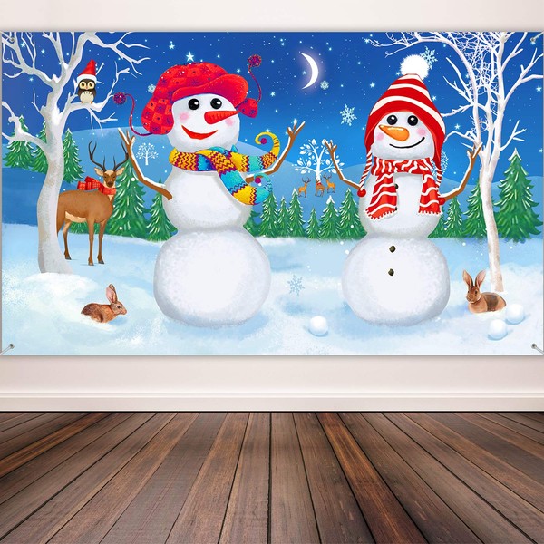Winter Snowman Background Banner Supplies Large Fabric Winter Snowman Theme Backdrop Happy 2024 New Year Eve Holiday Party Backdrop for Winter Party Decor Friend Wall Backdrop, 72.8 x 43.3 Inches
