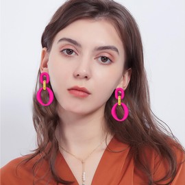 Vavhoo Candy Color Long Chain Link Dangle Earrings for Women Gold Plated Retro Oval Round U Shape Earring Studs (Hot Pink)