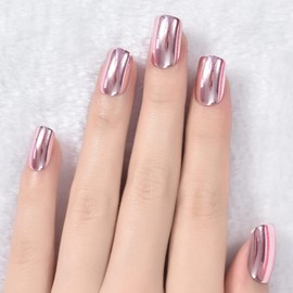 Metallic Mirror Press On Nails Light Pink False Nails Squoval Medium Lenght Nail Art Tips Salon Manicure Kits Acrylic Fake Fingernails Reusable Glue On Nails Women Girls Nails for Office Home Party