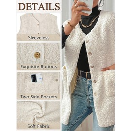 Joligiao Teddy Fleece Vest Women's Long Lightweight Vest Fleece Vest Sleeveless Vest Winter Vest with Buttons Women's Vest V-Neck Plush Vest with Pockets Teddy Vest Fur Jacket, beige, M
