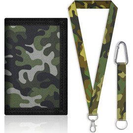 SUNDEE Kids Wallet with Lanyard for Boys and Girls, Tri-Fold Wallet with Key Chain and Zip Coin Pocket for Gifts, Original Wallet (Camouflage Green), 14-Camouflage Green