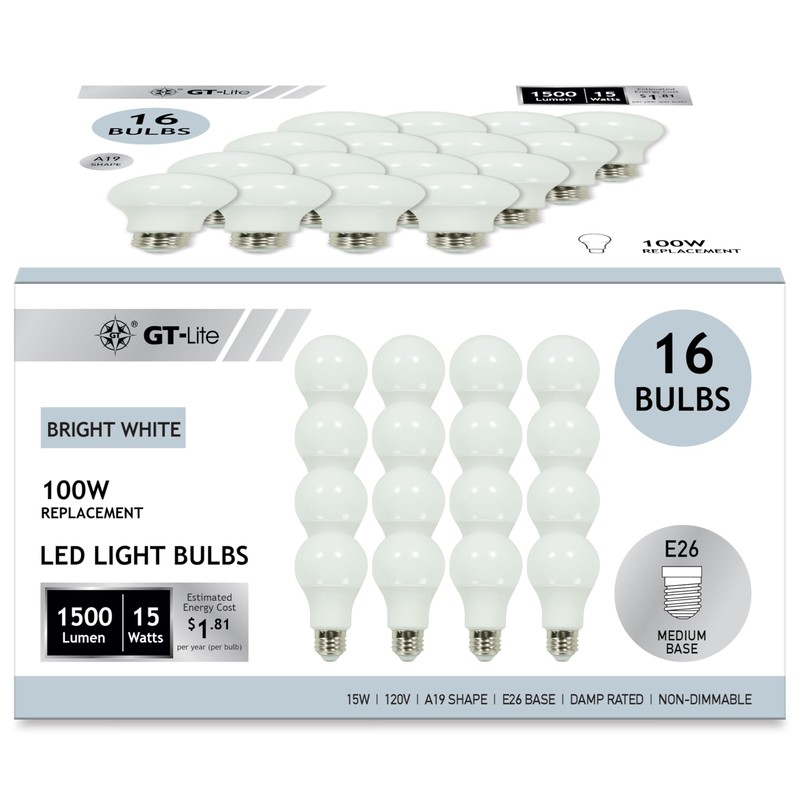GT-Lite 16 Pack LED Light Bulbs,100 Watt Equivalent,15 Watt 3500K