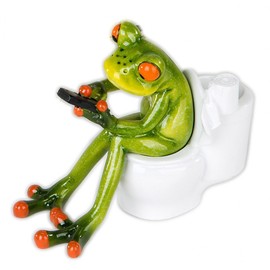 Frog with mobile phones on the toilet, Green, Artificial Stone Approx. 13 CM, right