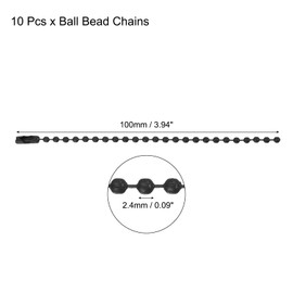 MECCANIXITY Ball Bead Chain Beaded Necklace Chains 4 Inch Adjustable Metal Ball Chains 2.4mm/0.1inch Keychain for Jewelry Making,DIY Craft Projects,Pack of 10(Black)