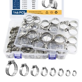 146 PCS Hose Clamps Assortment Kit, 1/4" to 2" (6–51mm), 304 Stainless Steel Worm Gear Adjustable Clamps for Garden Hose, Fuel Line, Water Pipe