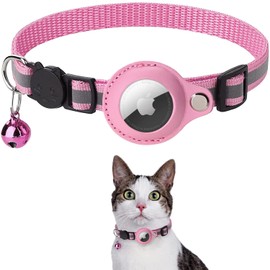 Leather Airtag Cat Collar Breakaway | Reflective Kitten Collar with Bell | Premium Pet Tracker Holder | Adjustable and Comfortable (Pink)