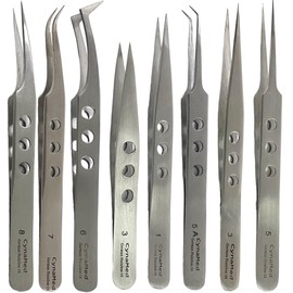 Set of 8 Precision Tweezers with Fine Tips Lightweight Perforated Handle - German Stainless Steel
