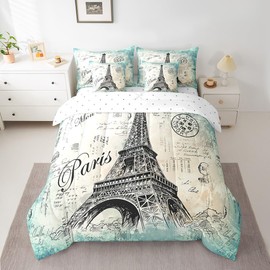 Feelyou Eiffel Tower Comforter Set Full Size 7 Pcs Girls Chic Vinatge French Comforter Bed in a Bag Paris Cityscape Bedding Set Women Eiffel Tower Lover Bed Set with Sheets, Pillowcases, Pillow Covers