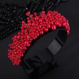 Teyglen Bridal Pearl Headband Vintage Red Pearl Beads Hair Crown Bridal Greek Goddess Pearl Head Pieces Hair Accessories for Women Party Prom Birthday (Red)