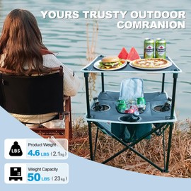 ARMOR CASTLE Folding Beach Table, Camping Table for Sand with Insulated Cooler Storage & 4 Cup Holders, Portable Pop Up Picnic Table, Lightweight Side Table for Outdoor