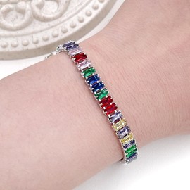 Uloveido White Gold Plated Rectangular Tennis Bracelet Multicolor Cubic Zirconia Bolo Bracelet for Women YA4537 (Silver Color-Multi-7.5 inch)