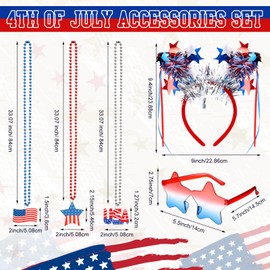20 Pcs 4th of July Party Favors Accessories Include 1 Pc Headband, 3 Pcs Red White Blue Beaded Necklaces, 1 Sunglasses, 5 Pcs Bracelets, and 10 Stickers for Independence Day Memorial Day Celebrations