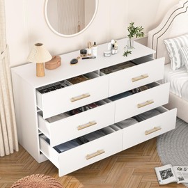 6 Drawer Dresser Modern Chest of Drawers Storage Organizer for Bedroom Living Room Closet TV Stand Combination Cabinet with Wide Top Surface and Anti-Tip Device, White