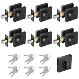 Matte Black Square Single Cylinder Deadbolt Lock, 6 Pack, Home Security Door Lock, Front Door Deadbolt for Office, Keyed 1 Side