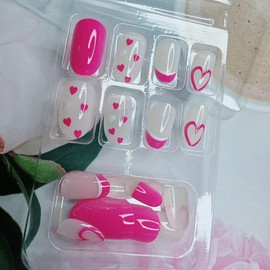 Valentine’s Day Press on Nails Short Oval Almond Fake Nails Glossy Rose Red Heart False Nails with Glue on Nails Stick on Nails Reusable Acrylic Artificial Nails for Women Girls DIY Nail Decor 24Pcs