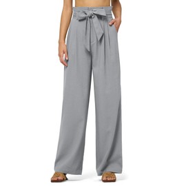 Willit Women Linen Pants Casual Wide Leg Dress Pants High Waisted Paperbag Work Trousers Summer Tie Knot Pockets 32" Light Gray M