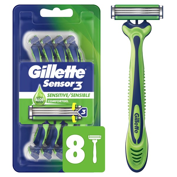 Gillette Sensor3 Sensitive Disposable Razors for Men, Enhanced Lubrastrip Glides Easily Over Your Skin, 8 Count (Pack of 2)