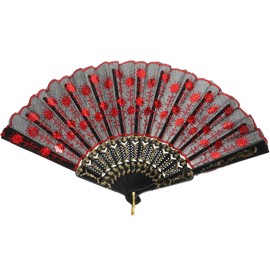 VOSAREA Folding Fan Sequin Peacock Fan Vintage Style Retro Hand Fan Spanish Fan Wedding Party Decoration (Red)