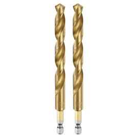 sourcing map 2pcs 1/4" Hex Shank Twist Drill Bits 10.2mm Titanium Coated High Speed Steel Quick Change Hex Drilling Bit Jobber Drill Bits for Wood Plastic Metal, Gold