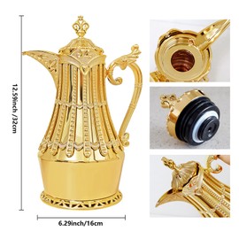 Arabic Style Luxury Insulated Thermal Coffee Carafe,34 oz,Vacuum Thermal Carafe Insulated Pot for Coffee Hot Cold Drink Tea,Housewarming Ornaments (Gold)