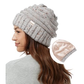 Hat Hut Womens Satin Lined Beanie Winter Hats with Silk Lining for Hair Slouchy Beanie Soft Warm Cable Knit Winter Hat (UK, Alpha, One Size, Oatmeal)