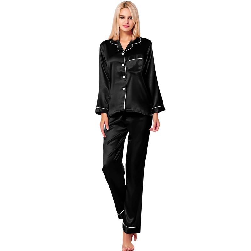 SWOMOG Satin Women's Pyjamas with Button Placket, Long Sleeve Sleepwear,