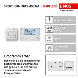 Emos Wireless Room Thermostat with OpenTherm Support, Programmable, for Heating Systems, Transmitter and Receiver, Room Temperature Controller, Surface Mounting, 126 x 84 mm, White