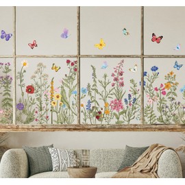 JarThenaAMCS 9 Sheets Vintage Wildflower Window Clings Spring Summer Floral Butterfly Window Stickers Double-Sided Glass Decals for School Classroom Home Office Party Decoration