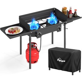 2 Burner Propane Camp Stove | 150,000 BTU Gas Burners | Side Shelves | Windscreen | Waterproof Cover | Detachable Legs | Ideal for Camping Backyard Outdoor Cooking
