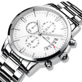 MEGALITH Mens Watches Chronograph Stainless Steel Waterproof Watches for Men Large Face Dress Mens Wrist Watches Analogue Luminous Date, Gift for Men - Silver White