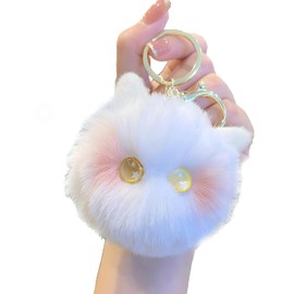UNDERPINE Kawaii Pom pom Faux Rabbit Fur Fluffy Cat KeyRing, Purse Backpack Charms, Pendant Accessories Key Chain for Women (White Yellow)